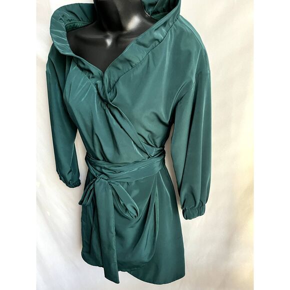 Lucy in the Sky Emerald Green Ruffle Trim Dress Size S Belted Romantic Cocktail - Picture 4 of 11